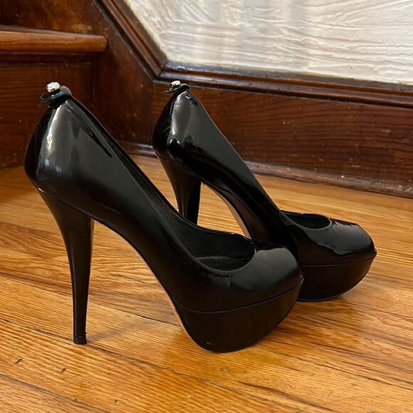Stuart Weitzman Black Patent Leather Platform Peep Toe Pumps Size 7M - Picture 2 of 11